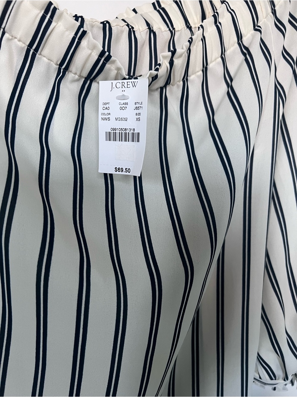 J. Crew White Off-Shoulder Blouse with Black Stripes and Navy Bow - Picture 3 of 5
